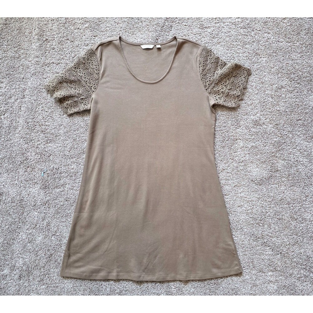 Liz Claiborne T-Shirt Dress Sz MP 100% Cotton Lace Sleeve Mocha Brown M Petite